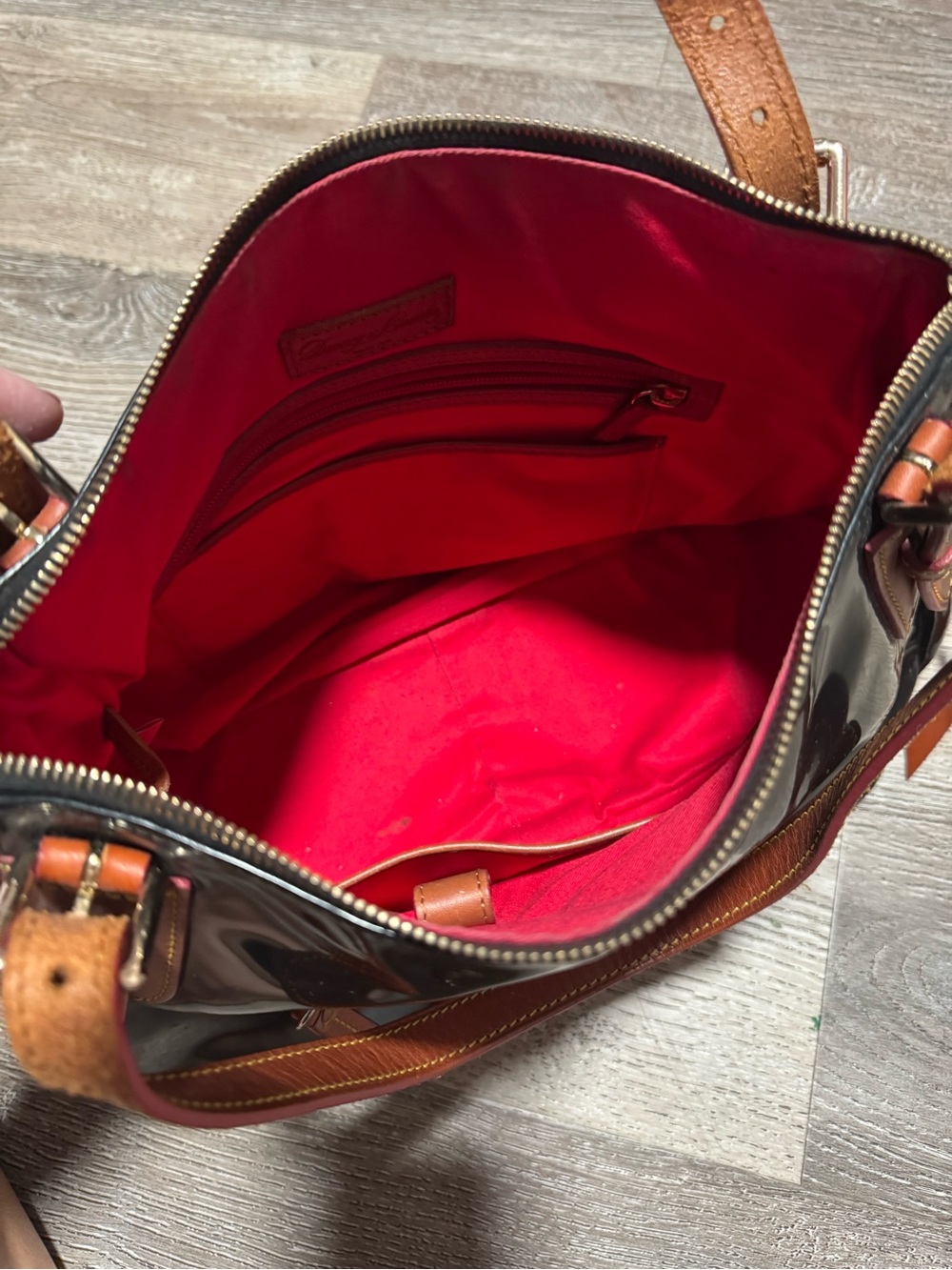 Dooney & Bourke Black Patent Shoulder Bag with Brown Trim - Picture 7 of 9